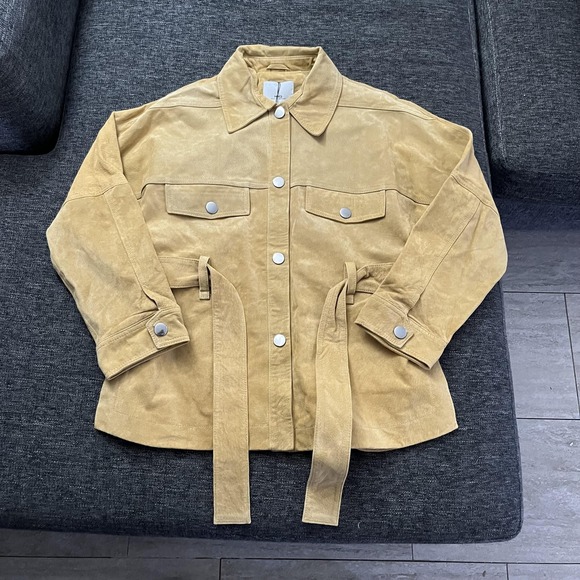 Mng Casual Jackets & Blazers - MNG Mango Leather Jacket Womens XS Tan Suede Belted Snap Front Shacket 53065708